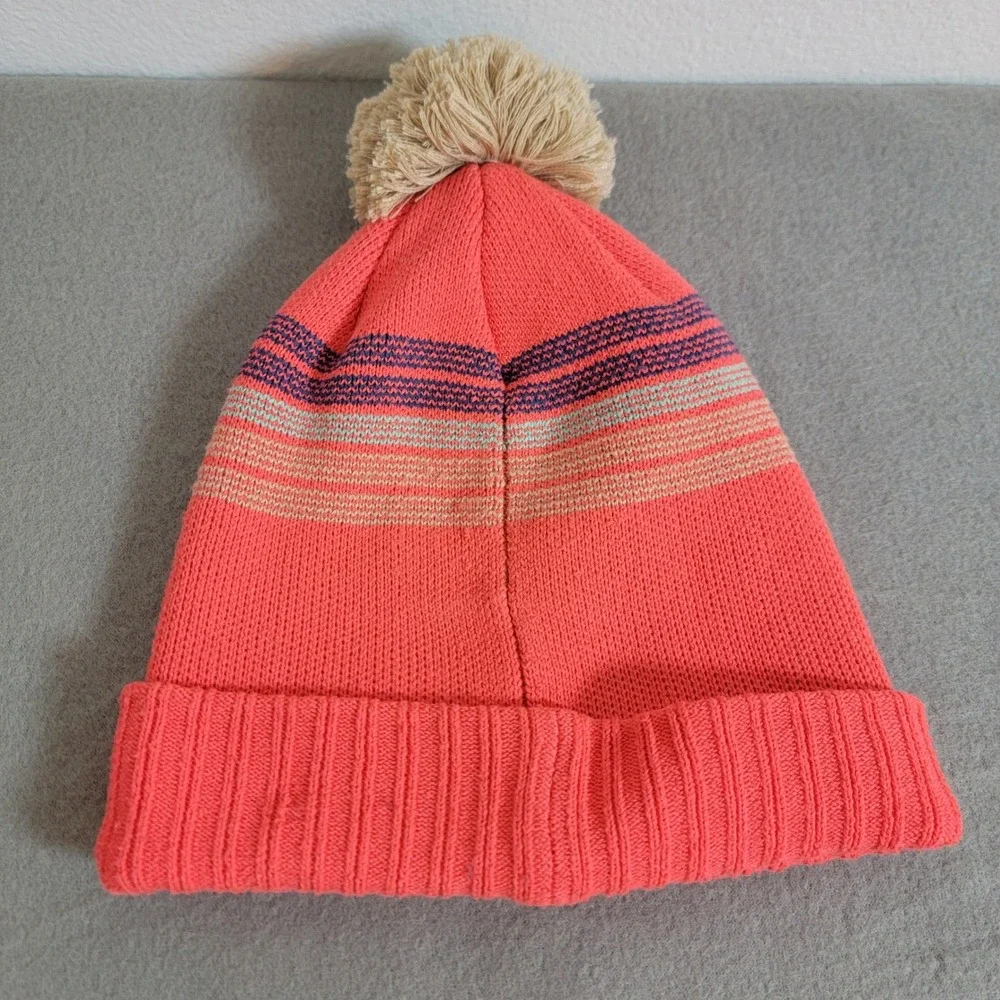Patagonia Kids Powder Town Beanie Coral Pink Striped Pom Pom Hat 66061 FA22 Snow